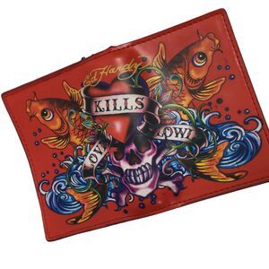 Ed Hardy "Love Kills Slowly" Bifold Wallet Faux Leather Skull & Koi Fish Graphic